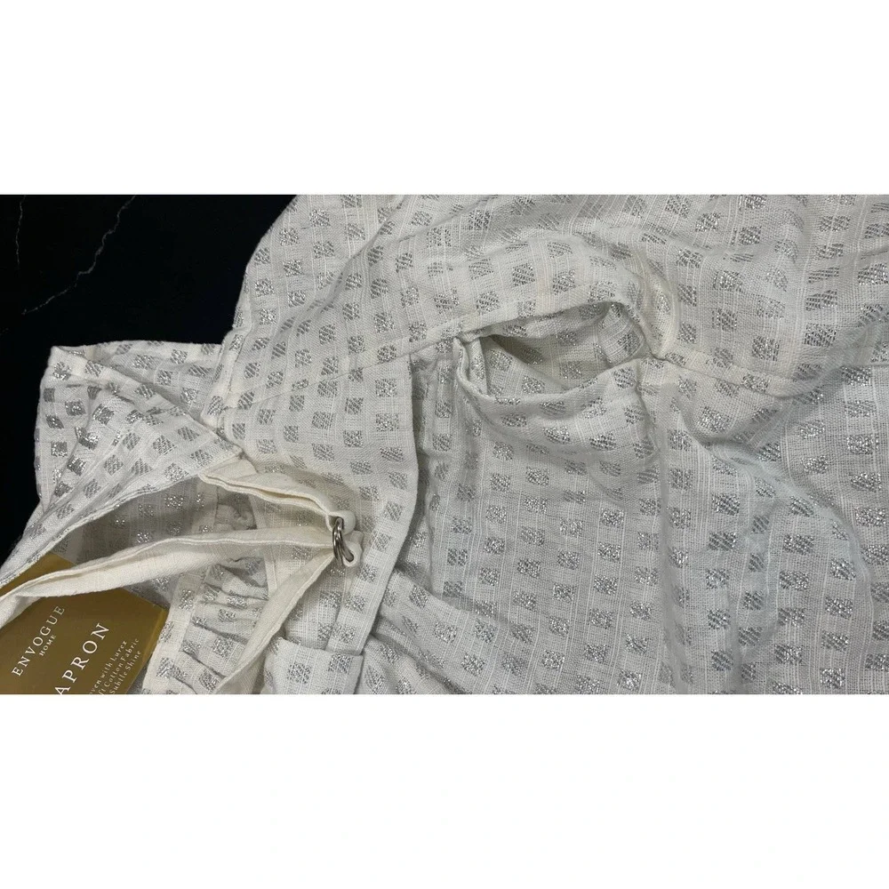 NWT Envogue Silver Lurex Shimmer Apron Bow Front Cotton White Coquette Pockets M